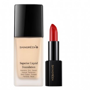 仙格丽(Skingreen)琉光臻彩丝绒美颜套装【口红正红色1支+粉底液自然色1支】